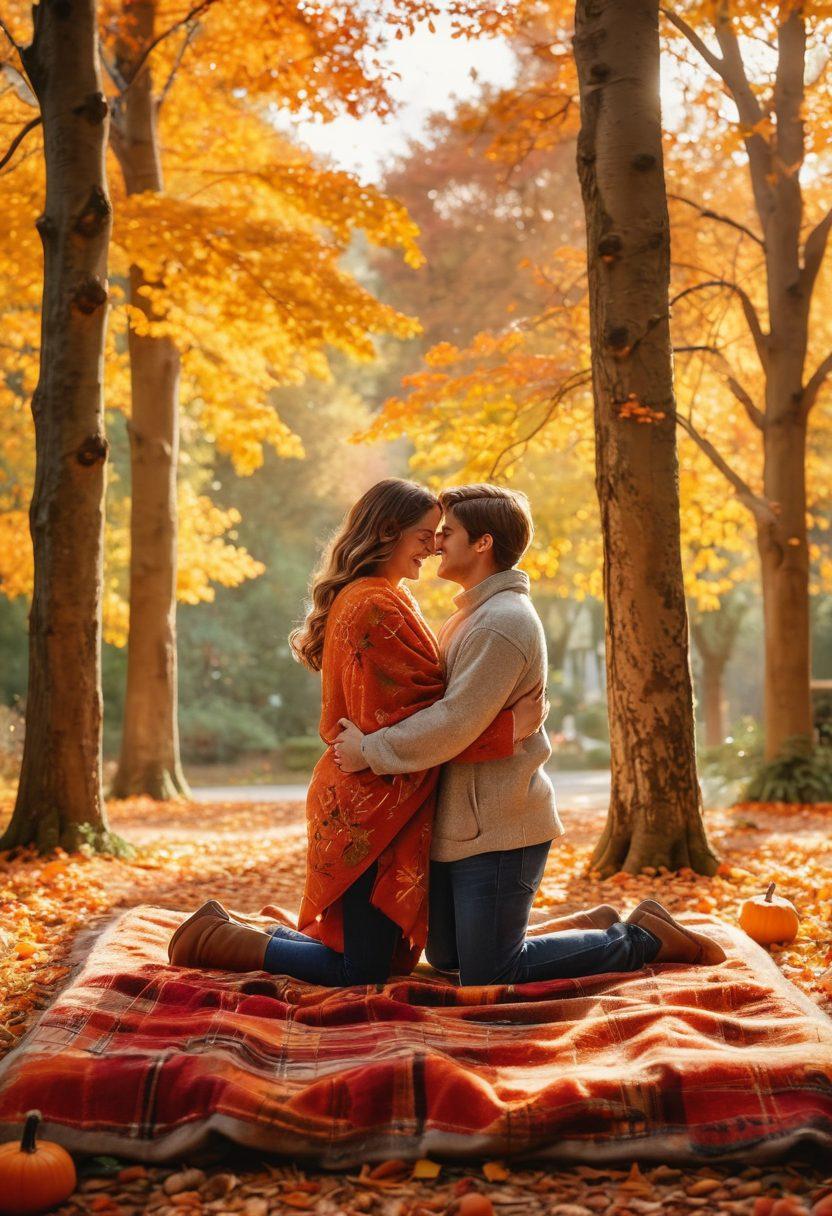 A cozy autumn scene featuring a couple sharing a warm embrace amidst a backdrop of colorful fall leaves. Soft, golden sunlight filters through the trees, casting a gentle glow on their smiling faces. Scattered pumpkins and warm blankets add a touch of seasonal charm. The mood is romantic and inviting, symbolizing love and togetherness during October. vibrant colors. super-realistic. warm lighting.