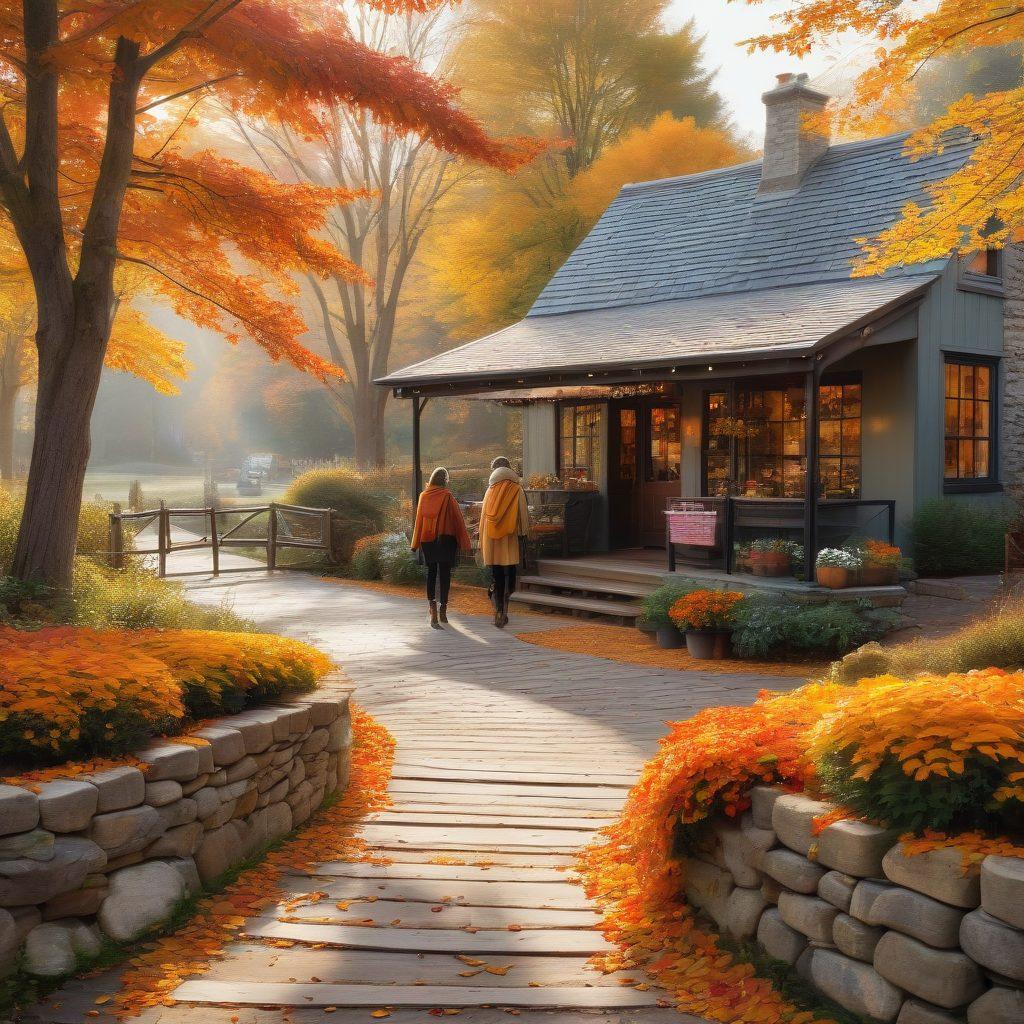 A cozy autumn landscape featuring a couple walking hand-in-hand on a rustic path surrounded by vibrant orange and yellow leaves, soft sunlight filtering through the trees, and a warm scarf draped around their necks. Add a backdrop of a quaint coffee shop with steaming mugs on a wooden table nearby. romantic, warm color palette, painterly style.