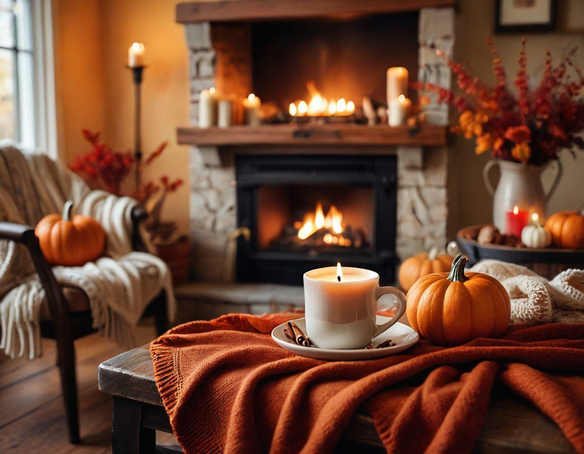 A warm and inviting cozy scene featuring a wooden table set with a steaming mug of cinnamon-infused beverage, surrounded by autumn leaves and a flickering candle. Soft, knitted blankets draped over a nearby chair, with a backdrop of a glowing fireplace and pumpkins. The mood is intimate and comforting, inviting the viewer to savor the essence of autumn. soft focus. warm color palette. 3D.